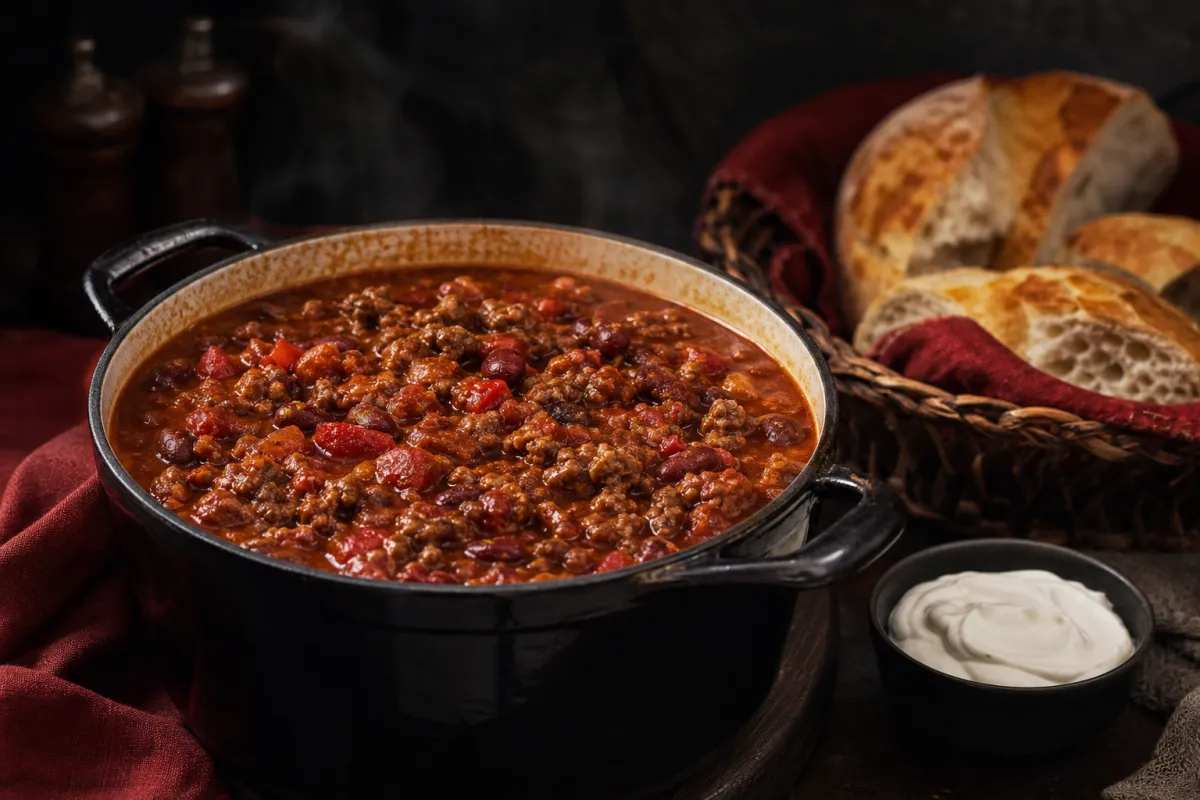 Chili con carne med oksekød, bønner og en fyldig tomatsauce