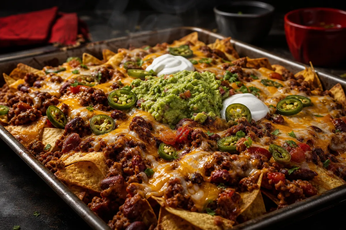 Nachos con chili con carne al horno